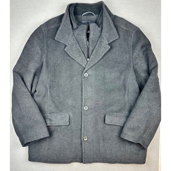 Nautica Mens Black Wool Button/Zipper Quilted Coat with High Collar XL‎